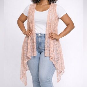 Peach eyelet lace sleeveless cardigan duster flowy handkerchief hemline